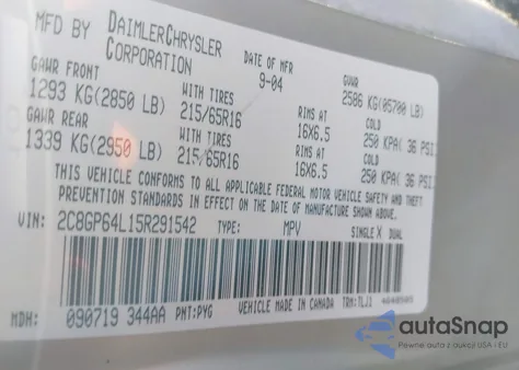 2005 Chrysler Town & Country Limited z USA, uszkodzony, nr VIN 2C8GP64L15R291542